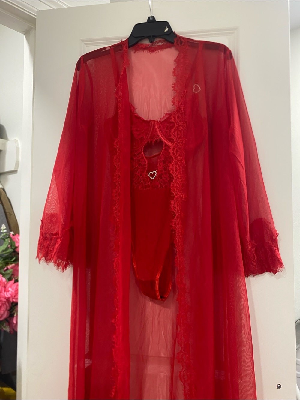 Sheer Red Lace Robe with Matching Teddy - Women Intimates & Sleepwear